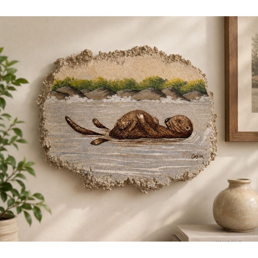 Vintage Sand Reflections Sea Otter & Pup Wall Plaque Hand Painted Sand Sculpture